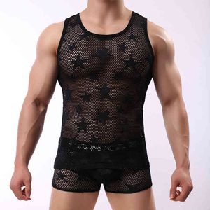 Star Mesh Top Mens Sexy See Through Allenamento Palestra Abbigliamento senza maniche Mens Top Sport Fitness Abbigliamento sportivo maschile Canotte 210524