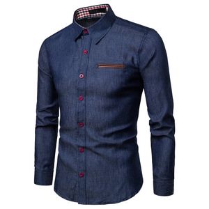 Aiopeson Höst Mens Jeans Shirt Solid Slim Fit Långärmad Toppkvalitet 100% Bomull Denim S 210721
