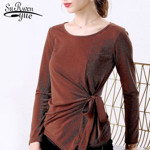 Moda Brilhante Seda O-Pescoço Manga Completa Blusa Undercover Plus Size Mulheres Tshirt Casual Coreano Camisas Sólidas 5917 50 210508