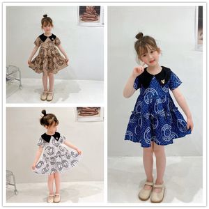 Designer Girls Princess Dress Summer Kids Letters Ring Printed Lapel Pleated Dresses Children Baby Short Sleeve Loose Clothing S1852