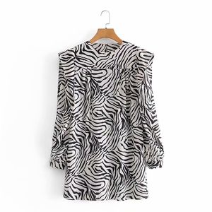 Eleganta kvinnor Zebra-Stripe Dress Fashion Ladies Shoulder Pads Vestidos Streetwear Kvinna Chic Puff Sleeve Mini Dresses 210427