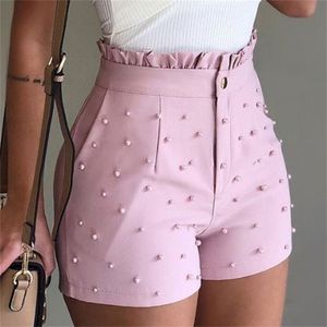 Fashion Solid Color High Waist Button Ruffled Beaded Summer Women Shorts 210714