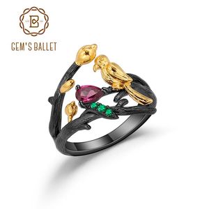 Cluster Rings GEM'S BALLET 925 Sterling Silver Handmade Adjustable Statement Ring Natural Rhodolite Garnet Flower Buds Bird For Women