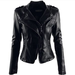 Ebaihui Kvinnors Faux Leather Black Pu Jackor Rivet Koreansk Slim Short Stand Collar Ladies Coats Warm Commute Lokomotiv