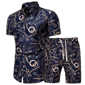 Ybaby 2021 Estate New Hawaiian uomo Slim manica corta camicia stampata + pantaloncini 2 pezzi moda uomo Casual Beach Wear vestiti 4XL Y0831