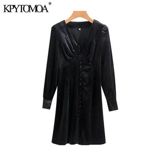 Women Chic Fashion With Buttons Velvet Mini Dress Vintage V Neck Long Sleeve Female Dresses Vestidos Mujer 210416