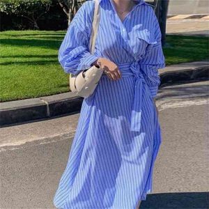 Pleated Chic Shirts Dresses Woman Puff Sleeve Blue Maxi Vestidos Female Clothing Loose Elegant Streetwear Dress Spring 210603