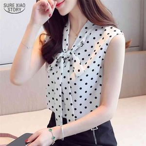 Casual Women Clothing Korean Style Ärmlös Toppar Sommar Polka Dot Bow Chiffon Blouse Blusas 9459 50 210506