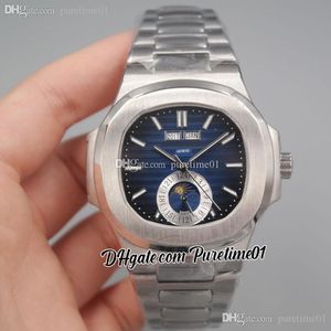2022 5726 Annual Calendar Moon Phase Automatic Mens Watch Steel Case Blue Textured Dial Stick Stainless Steel Bracelet 6 Styles Watches Puretime01 E18SS-j10