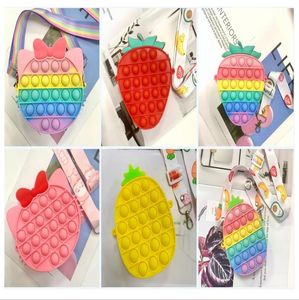 Rainbow Fruit Messenger Bag Fidget Toy Popit Strawberry Pineapple Push Bubble Silicone Bag Anti Stress Toys Girls Gifts