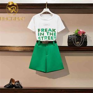 Kvinnor Sommar BomullT-T-shirt Brev Utskrift Casual Toppar + Shorts Elastic Waist Wide Leg Pants Suit Set 2 Piece and Belt 210506