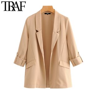 Traf Women Fashion Office Wear Stribed Blazer Coat Vintage Rollted-up-Langarmentaschen Frauen Außenbekleidung Chic Tops 210415