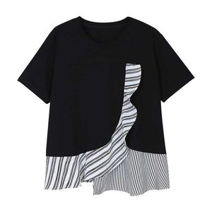 o-neck 느슨한 일본 캐주얼 티셔츠 여성 짧은 소매 패치 워크 탑 간단한 디자인 ins 레트로 패션 Ropa Mujer 13A241 210525