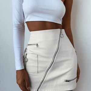 Women Stylish PU Leather White Zipper Patchwork Skirt High Waist Skirt Korean Solid Color Short Sexy Bodycon Skirts Mini Bottom X0428