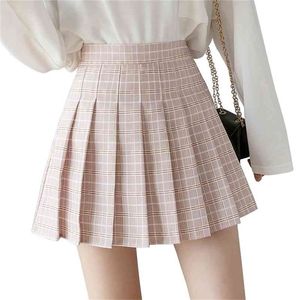 QRWR sommar kvinnor kjolar koreanska höga midjan plaid mini skola tjejer sexig söt pläterad med dragkedja 210621