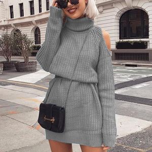 Autumn Winter Turtleneck Off Shoulder Knitted Sweater Dress Women Solid Slim Plus Size Long Pullovers Knitting Jumper 210426