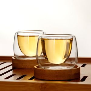 6 st Double Wall Glass s Teacups Bamboo Holder Anti Hot Tasse Cafe Small Espresso Kaffe Oolong Pu'er Tea Cups Tazas Copo