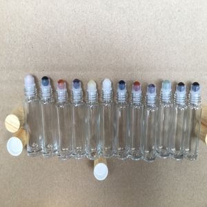 5ML Empty gem Roller bottles transparent Thick Essential Oil glass bottle gemstone jade crystal rollers plastic cap