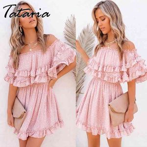 Verão Sexy vestido floral elegante fora do ombro cintura solta babados saia rosa plissada para senhoras praia mini sundress 210514