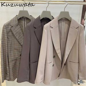 Kuzuwata Abiti Giapponesi Inizio Autunno Donna Giubbotti Semplice Solido Plaid Risvolto Manica Lunga Tasche Doppio Petto Blazer 210930