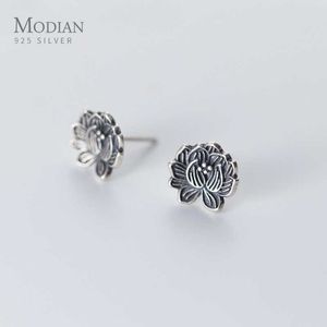 Vintage charm svart lotus stud örhängen för kvinnor klassiska utsökta trendiga smycken 925 sterling silver fin brincos 210707