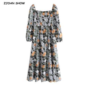 Весна ретро листья цветочные принт женщины MIDI платье женщина винтаж французский квадратный воротник шифон с длинным рукавом платья праздник 210429