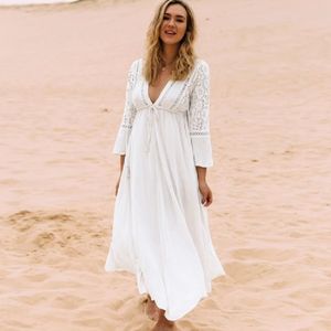 Branco Rayon Beach Vestido Longo Swimwear Tunics Kaftan desgaste Cobertura Ups Robe de Plage Reeminida Praia # Q274 210420