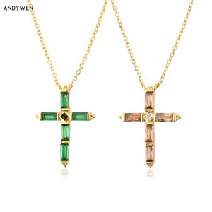 ANDYWEN 925 Sterling Silver Colorful Cross Pendant Necklace Long Chain Fine Jewelry Collar Corto Doris Verde Rosa Rock Punk Oro 210721