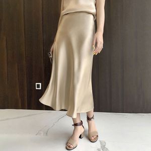 Tataria jedwabna satynowa spódnice dla kobiet wysoki talia A-line elegancki lato różowy Midi koreański styl 210514