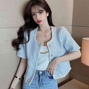 한국어 여름 여성 단일 브레스트 트위드 카디건 코트 우아한 빈티지 라운드 넥 짧은 소매 캐주얼 outwear 210519