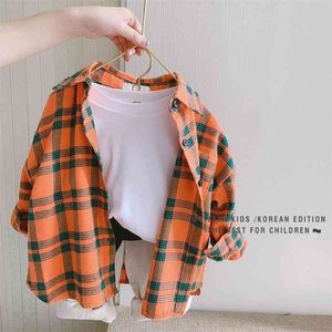 Spring 100% Cotton Casual Plaid Blouse Summer Striped Shirt Korean Baby Long Sleeve Tops Boys Shirts School Girls Blouses 210713