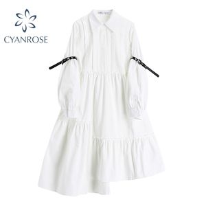 Sonbahar Vintage Kadınlar Beyaz Uzun Elbise Parti Gevşek Yüksek Bel Uzun Kollu Zarif Casual Düzensiz Pleating Maxi Elbise 210417