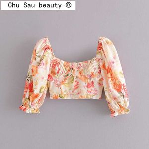 Chu Sau beauty Women Summer Shirt Top Casual Holiday Square Collar Puff Sleeve Floral Short Cropped Navel Crop Tops Womam Blouse 210721