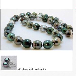 Natural Tahitian Black Green Green Pearl Naszyjnik Zestaw kolczyk 18 