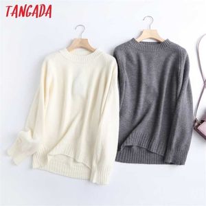 Tangada Kadınlar Moda Zarif Bej Örme Kazak Jumper O Boyun Kadın Boy Kazaklar Chic Tops 6D24 211011