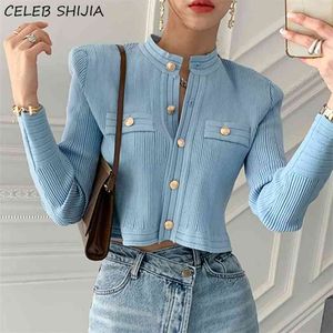 Chic Blue Knitted Cardigan Woman Gold Button Vintage Sweater Female Single-breasted Business Cropped Tops 210922