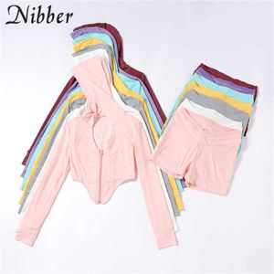 Nibber Sweet Home Active Wear 2 Conjuntos de Duas Peças para Mulheres Tracksuits Mulheres Casuais Hoodie Top Shorts Suits Básico Sportswear Feminino Y0625