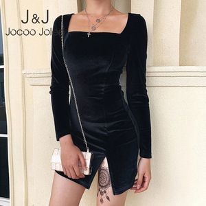 JOCOO Jolee Spring z długim rękawem Solidna Gothic Mini Dress Elegant Velvet Bodycon Sukienka Sexy Slim Split Short Sukienka Dresses 210518