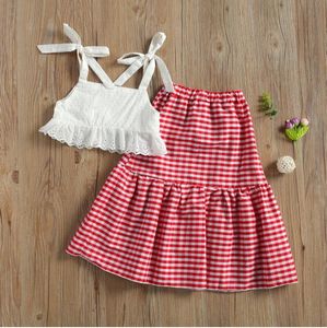 Set di abbigliamento per bambina per bambino Manica a fascia in pizzo Sling Crop Top Plaid Stampa Gonna lunga 2 pezzi Abiti Vestiti per bambina