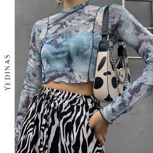 Yedinas Summer Long Sleeve T-shirts Blue Tie Dye See Through Mesh Crop Tops Sexy Slim Women Folds Design Korean Club Streetwear 210527