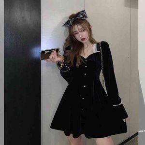 Vår Vintage Beading Women Dress Square Collar Black Fashion Velvet Mini Es Plus Size Lace Ladies 4XL 210521