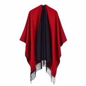 European And American Street Ladies Autumn Winter Wild Air-conditioned Room Warm Plain Fringed Shawl Cape Computer Knitted 210427