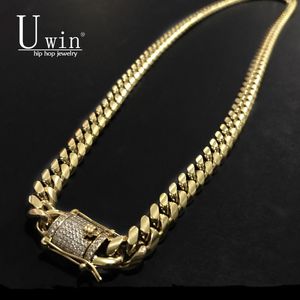 UWIN 10mm Men Cuban Miami Link Necklace Stainlsteel Rhinestone Clasp Iced Out Gold silver color Hip hop Chain Necklace 76cm X0509