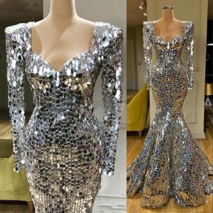 Sparkly Sequins Silver Mermaid Evening Dresses Long Sleeves african Arabic Dubai Long Elegant Women Formal evening Party Gala Gowns