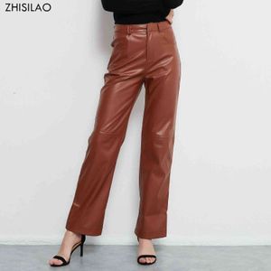 Zhisilao elegante pu couro cintura alta calça mulheres outono escritório senhora preto streetwear 211124
