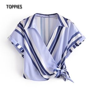 Sexy Striped Short Shirts Woman Crop Tops V Neck Female Blouses Summer Wide Shoulder 210421