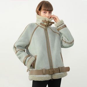 冬の女性のFaux Lambレザージャケットビンテージスタンド襟のパッチワークの子羊のウールの厚い暖かいコートベルト210423