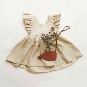 Kleinkind Kinder Baby Mädchen Kleid Sommer Rüschen Ärmel Solide Baumwolle Leinen Kinder Party Casual Kleid Baby Mädchen Kleidung Für 0-6Y G1218