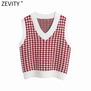 Kvinnor Vintage V Neck Houndstooth Print Vest Sweater Kvinna Fall Ärmlös Patchwork Casual Pullovers Chic Tops S527 210416