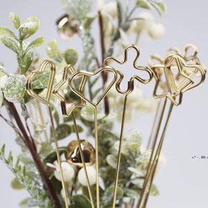 Gåvor Wrap Packaging Florist Bouquet Presentkorthållare Golden Round Heart Star Metal Long Stick Flower Clip RRA12223